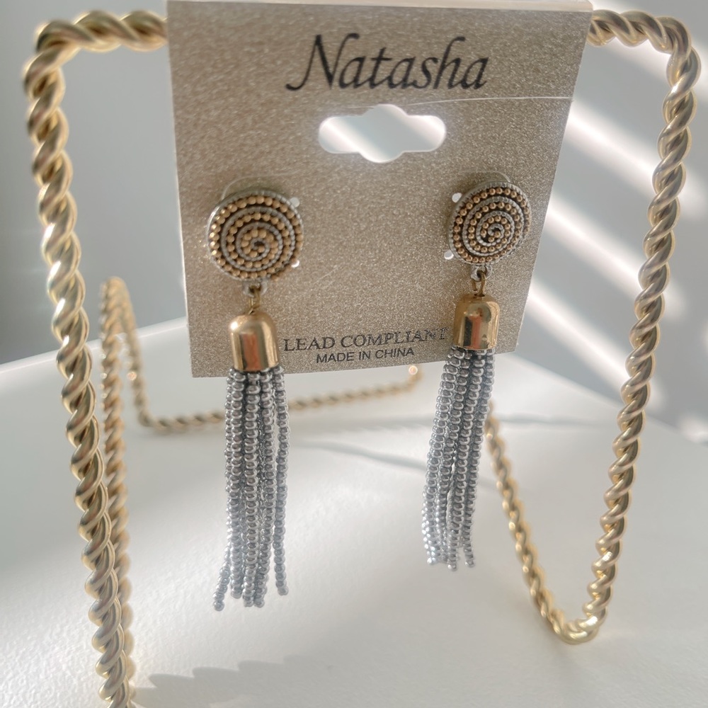 New, Natasha, Dangle Silver and Gold Beaded Tassel Earrings